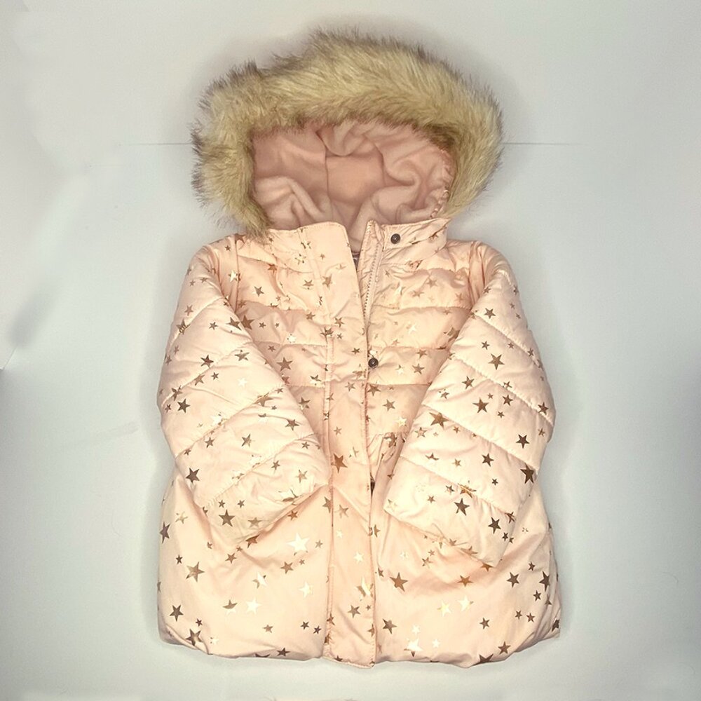The Children's Place Pink Puffer Winter Jacket with Gold Stars Faux Fur Hood: 2T